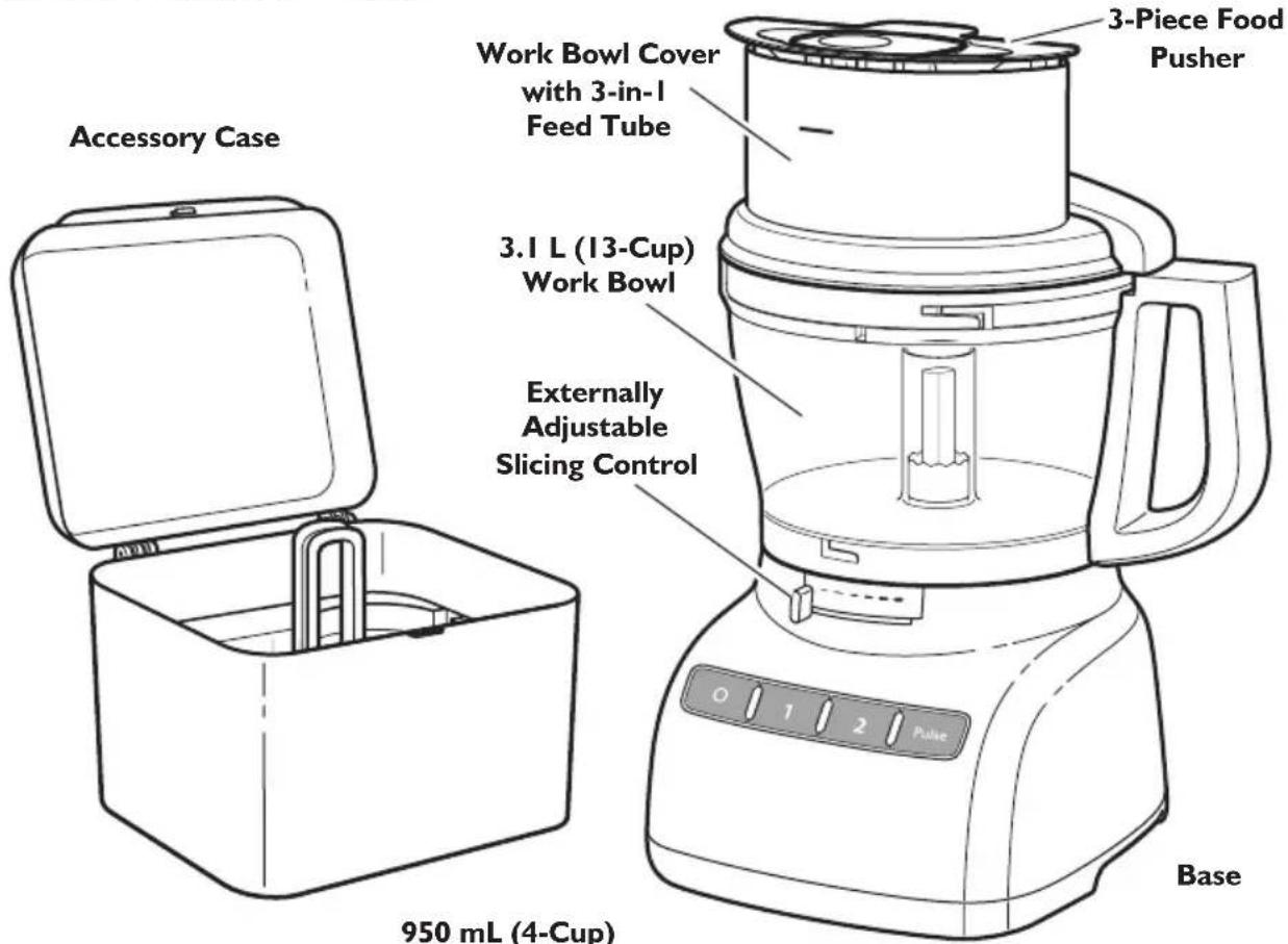 Accessory Case Work Bowl Cover with 3-in-l Feed Tube 3.1 L (13-Cup) Work Bowl Externally Adjustable Slicing Control 3-Piece Food Pusher 950 mL (4-Cup) Base