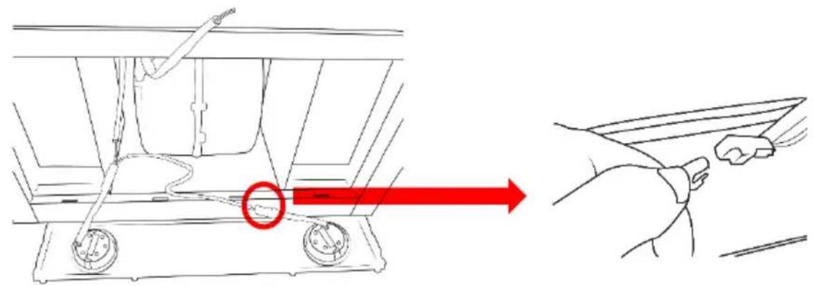 Diagram showing a hand holding a tool interacting with a car interior, with a red arrow indicating direction and a circled point of interest.