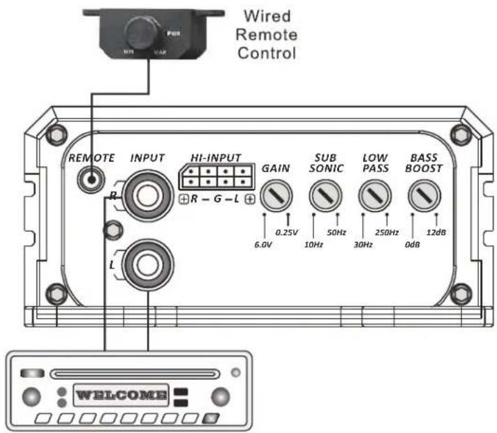 Wired Remote Control REMOTE INPUT HI-INPUT GAIN SUB SONIC LOW PASS BASS BOOST R - G - L 0.25V 50Hz 250Hz 12dB 6.0V 10Hz 30Hz 0dB WELCOME