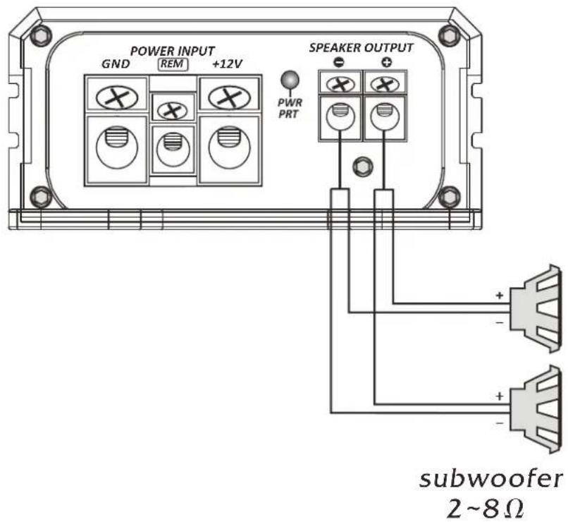 POWER INPUT GND REM +12V SPEAKER OUTPUT PWR PRT subwoofer 2~8Ω