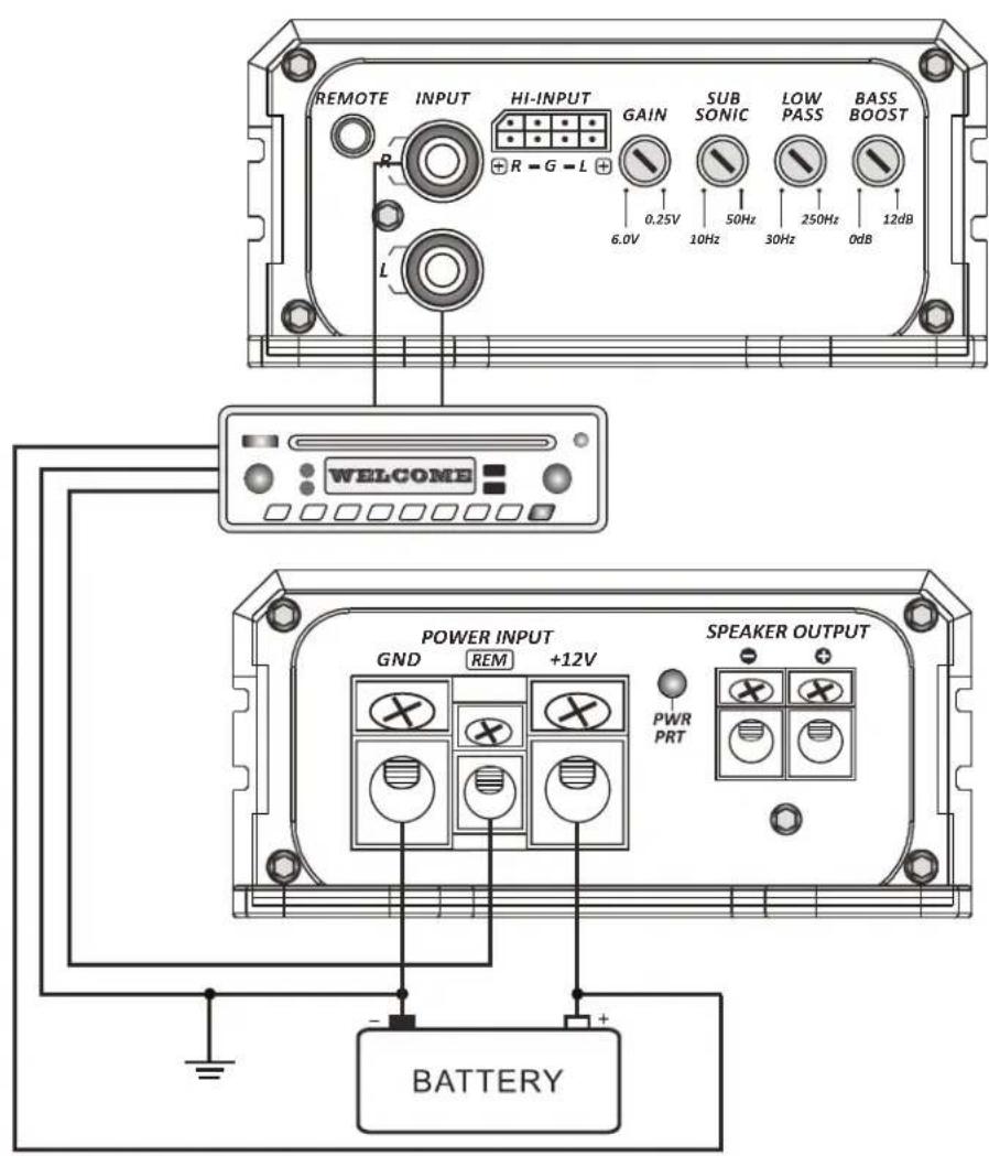 REMOTE INPUT HI-INPUT GAIN SUB SONIC LOW PASS BASS BOOST R - G - L 0.25V 10Hz 50Hz 30Hz 250Hz 0dB 12dB 6.0V WELCOME POWER INPUT SPEAKER OUTPUT GND REM +12V PWR PRT BATTERY
