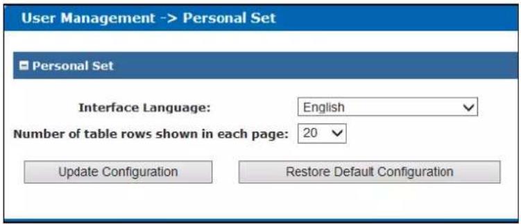 User Management -> Personal Set Personal Set Interface Language: English Number of table rows shown in each page: 20 Update Configuration Restore Default Configuration