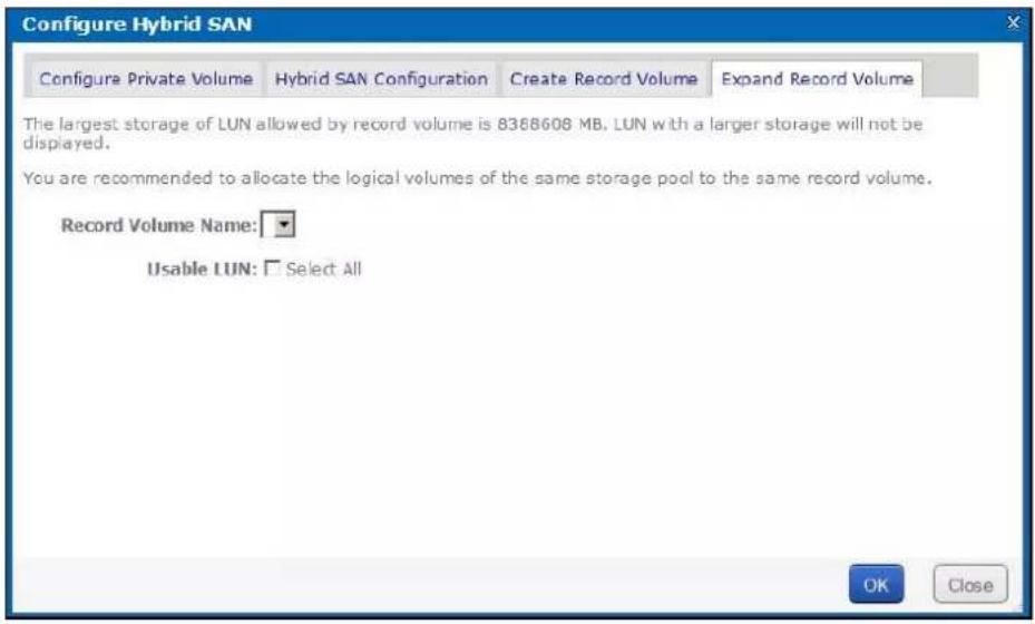 Configure Hybrid SAN Configure Private Volume Hybrid SAN Configuration Create Record Volume Expand Record Volume The largest storage of LUN allowed by record volume is 8368608 MB. LUN with a larger storage will not be displayed. You are recommended to allocate the logical volumes of the same storage pool to the same record volume. Record Volume Name: Usable LUN: Select All OK Close