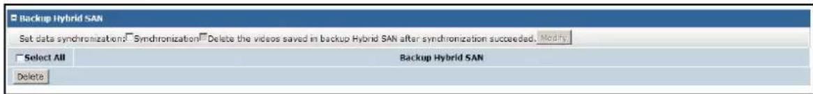 Backup Hybrid SAN Set data synchronizations: Synchronization Delete the videos saved in backup Hybrid SAN after synchronization succeeded. Modify. Select All Backup Hybrid SAN Delete