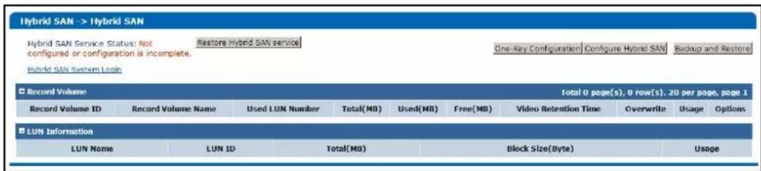 Hybrid SAN -> Hybrid SAN Hybrid SAN Service Status: Not Restore Hybrid SAN service configured or configuration is incomplete. One Key Configuration Configure Hybrid SAN Backup and Restore Hybrid SAN System Login Record Volume Total 0 page(s), 0 row(s), 20 per page, page 1 Record Volume ID Record Volume Name Used LUN Number Total(MB) Used(MB) Free(MB) Video Retention Time Overwrite Usage Options LUN Information LUN Name LUN ID Total(MB) Block Size(Byte) Usage