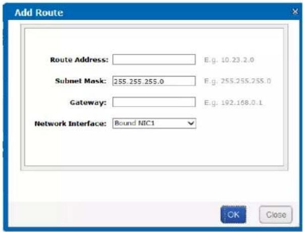 Add Route Route Address: E.g. 10.23.2.0 Subnet Mask: 255.255.255.0 E.g. 255.255.255.0 Gateway: E.g. 192.168.0.1 Network Interface: Bound NIC1 OK Close