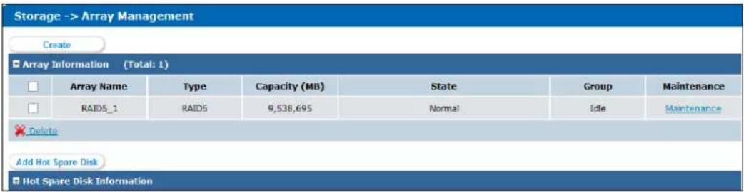 Storage -> Array Management Create Array Information (Total: 1) Array Name Type Capacity (MB) State Group Maintenance RAIDS_1 RAIDS 9,538,695 Normal Idle Maintenance Delete Add Hot Spare Disk Hot Spare Disk Information