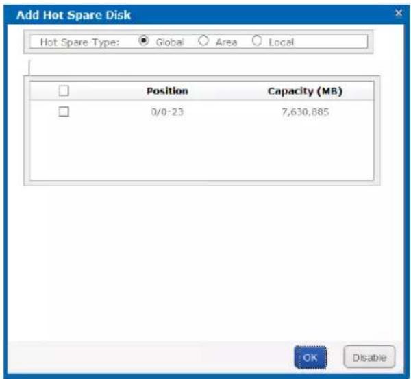 Add Hot Spare Disk Hot Spare Type: Global Area Local Position Capacity (MB) 0/0-23 7,630,885 OK Disable
