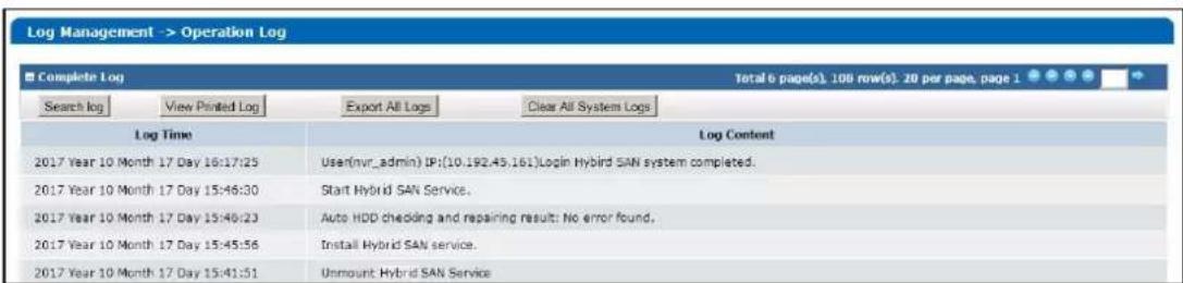 Log Management -> Operation Log Complete Log Total 6 page(s), 100 row(s), 20 per page, page 1 Search log View Printed Log Export All Logs Clear All System Logs Log Time Log Content 2017 Year 10 Month 17 Day 16:17:25 User(nvr_admin) IP:(10.192.43.161)Login Hybrid SAN system completed. 2017 Year 10 Month 17 Day 15:46:30 Start Hybrid SAN Service. 2017 Year 10 Month 17 Day 15:46:23 Auto HDD checking and repairing result: No error found. 2017 Year 10 Month 17 Day 15:45:56 Install Hybrid SAN service. 2017 Year 10 Month 17 Day 15:41:51 Unmount Hybrid SAN Service