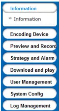 Information » Information Encoding Device Preview and Record Strategy and Alarm Download and play User Management System Config Log Management