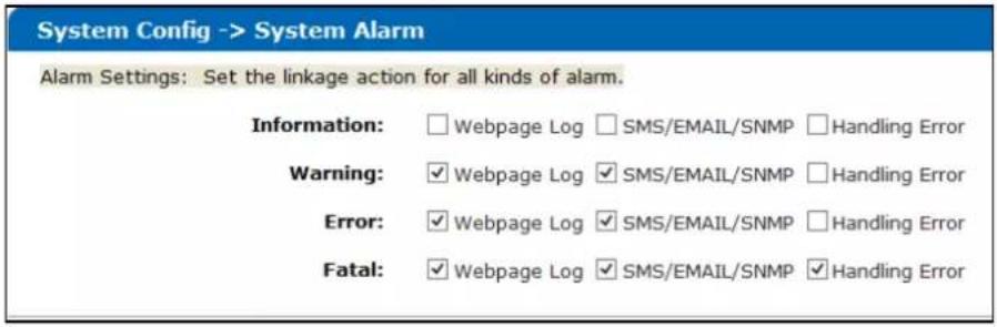 System Config -> System Alarm Alarm Settings: Set the linkage action for all kinds of alarm. Information: Webpage Log SMS/EMAIL/SNMP Handling Error Warning: Webpage Log SMS/EMAIL/SNMP Handling Error Error: Webpage Log SMS/EMAIL/SNMP Handling Error Fatal: Webpage Log SMS/EMAIL/SNMP Handling Error