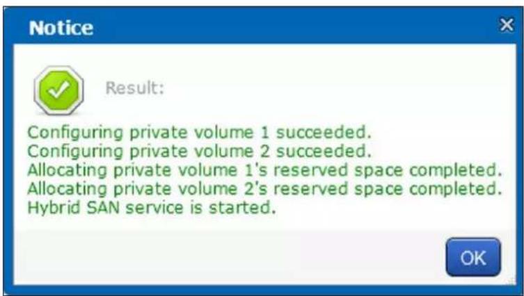 Notice Result: Configuring private volume 1 succeeded. Configuring private volume 2 succeeded. Allocating private volume 1's reserved space completed. Allocating private volume 2's reserved space completed. Hybrid SAN service is started.