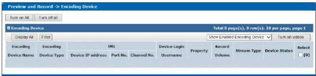 Preview and Record -> Encoding Device Turn on All Turn off all Encoding Device Total 0 page(s), 0 row(s). 20 per page, page 1 Display All Filter Show Enabled Encoding Device Turn on videos Encoding Encoding URL Device Login Property Record Stream Type Device Status Select Device Name Device Type Device IP address Port No. Channel No. Username Volume Device Status (0)