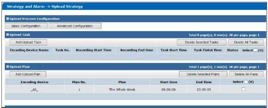 Strategy and Alarm -> Upload Strategy ■ Upload Process Configuration Basic Configuration Advanced Configuration ■ Upload Task Total 0 page(s), 0 row(s), 20 per page, page 1 Add Upload Task Delete Selected Tasks Delete All Tasks Encoding Device Name Task No.Recording Start Time Recording End time Task Start Time Task Finish Time Status.Select □ (0) ■ Upload Plan Total 1 page(s), 1 row(s), 20 per page, page 1 Add Upload Plan Delete Selected Plans Delete All Plans Encoding device Plan No. Plan Start time End Time Select □ (0) _All_ 1 The Whole Week 00:00:00 23:59:59 □