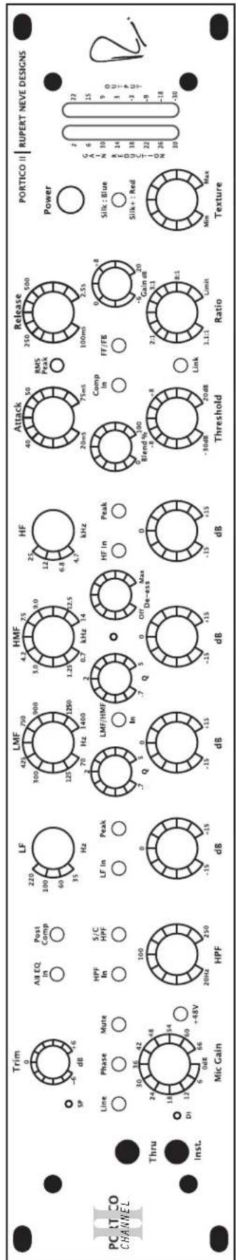 Portco CHANNEL Thru Inst. Trim 0 -6 dB SP Line Phase Mute HPF In S/C HPF +48V DI Mic Gain 24 18 12 6 0dB 66 20Hz 250 dB -15 -15 d8 -15 -15 dB -15 -15 dB -15 -15 dB -15 -15 dB -15 -15 dB -15 -15 dB -15 -15 dB -15 -15 dB -15 -15 dB -15 -15 dB (H) 220 100 60 35 Hz LMF 425 790 300 900 125 1250 1400 70 Hz 1400 3.0 7.5 9.0 1.25 kHz 12.5 0.7 kHz 14 2.5 kHz 4.7 HF Attack 40 50 RMS Peak 20ms 75ms 250 500 100ms 2.55 Comp In FF/FE 0 +8 -6 Gain in -30dB -8 Link 3.11 3.11 Limit 2.1 Min Max 30 Portico II | RUPERT NEVE DESIGNS Power Silk : Blue Silk+ : Red Ratio Texture