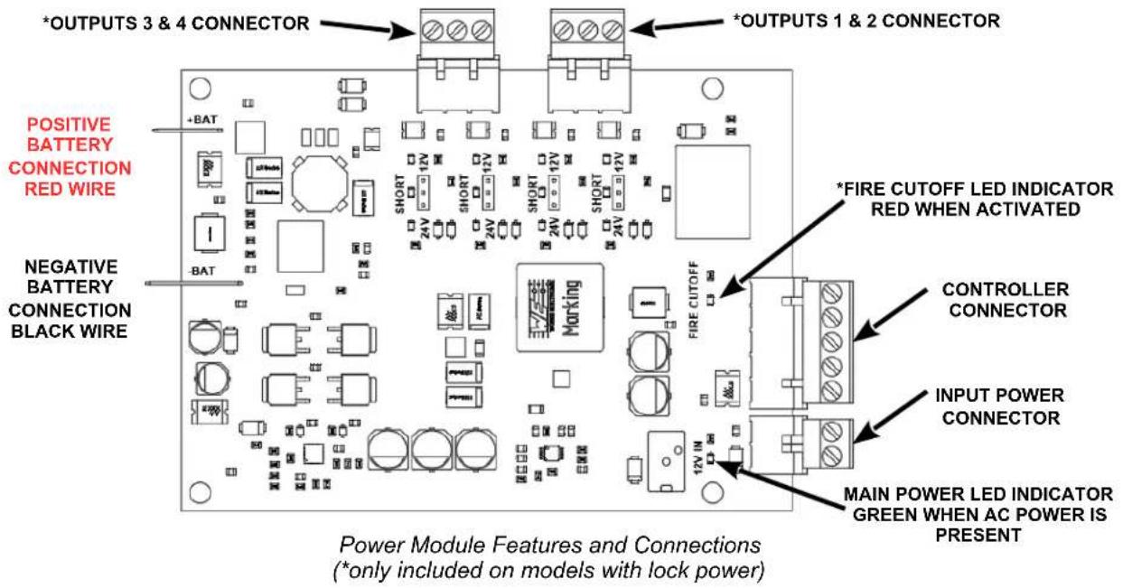 *OUTPUTS 3 & 4 CONNECTOR *OUTPUTS 1 & 2 CONNECTOR POSITIVE BATTERY CONNECTION RED WIRE NEGATIVE BATTERY CONNECTION BLACK WIRE *FIRE CUTOFF LED INDICATOR RED WHEN ACTIVATED CONTROLLER CONNECTOR INPUT POWER CONNECTOR MAIN POWER LED INDICATOR GREEN WHEN AC POWER IS PRESENT Power Module Features and Connections (*only included on models with lock power)