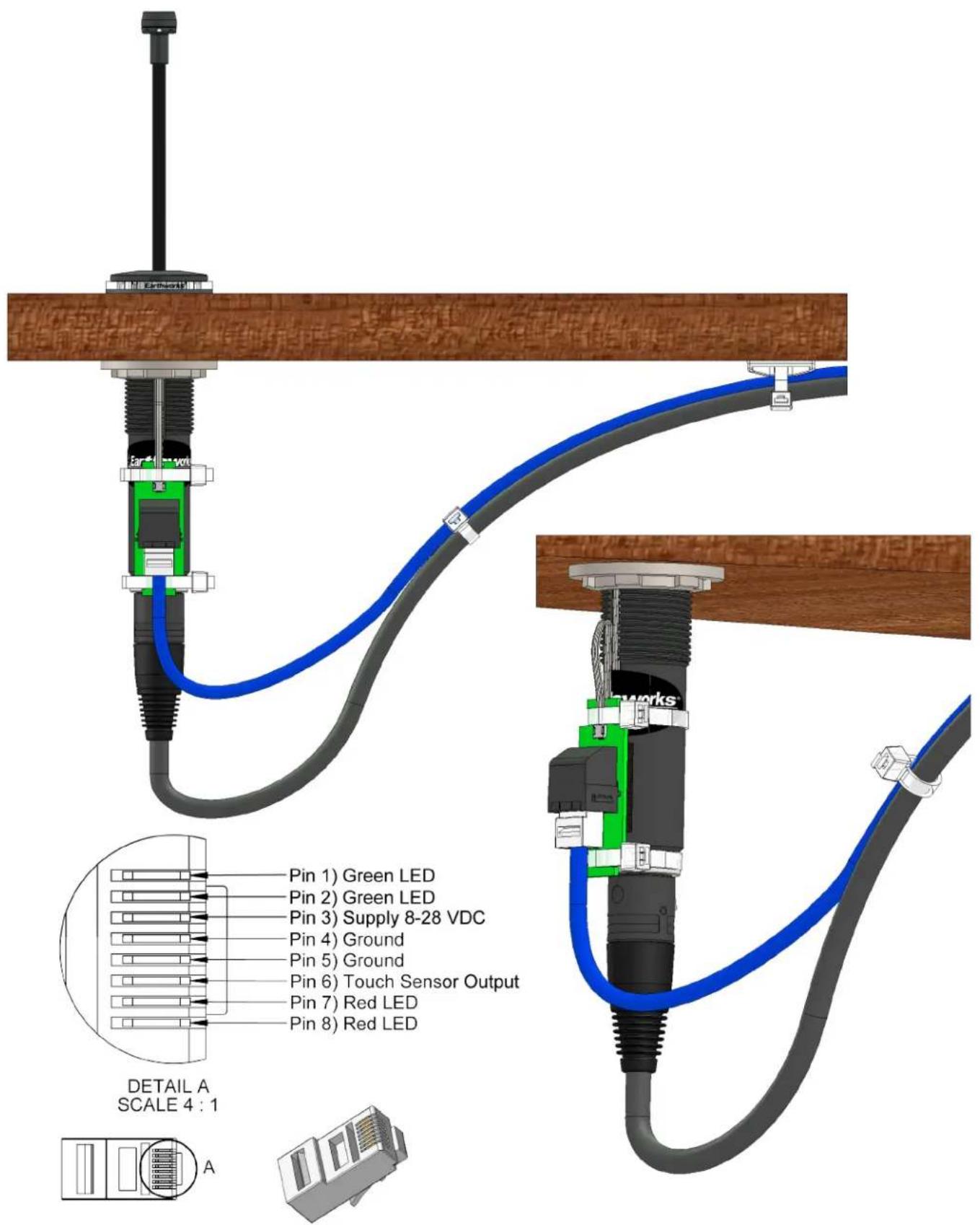 Pin 1) Green LED Pin 2) Green LED Pin 3) Supply 8-28 VDC Pin 4) Ground Pin 5) Ground Pin 6) Touch Sensor Output Pin 7) Red LED Pin 8) Red LED DETAIL A SCALE 4 : 1 A
