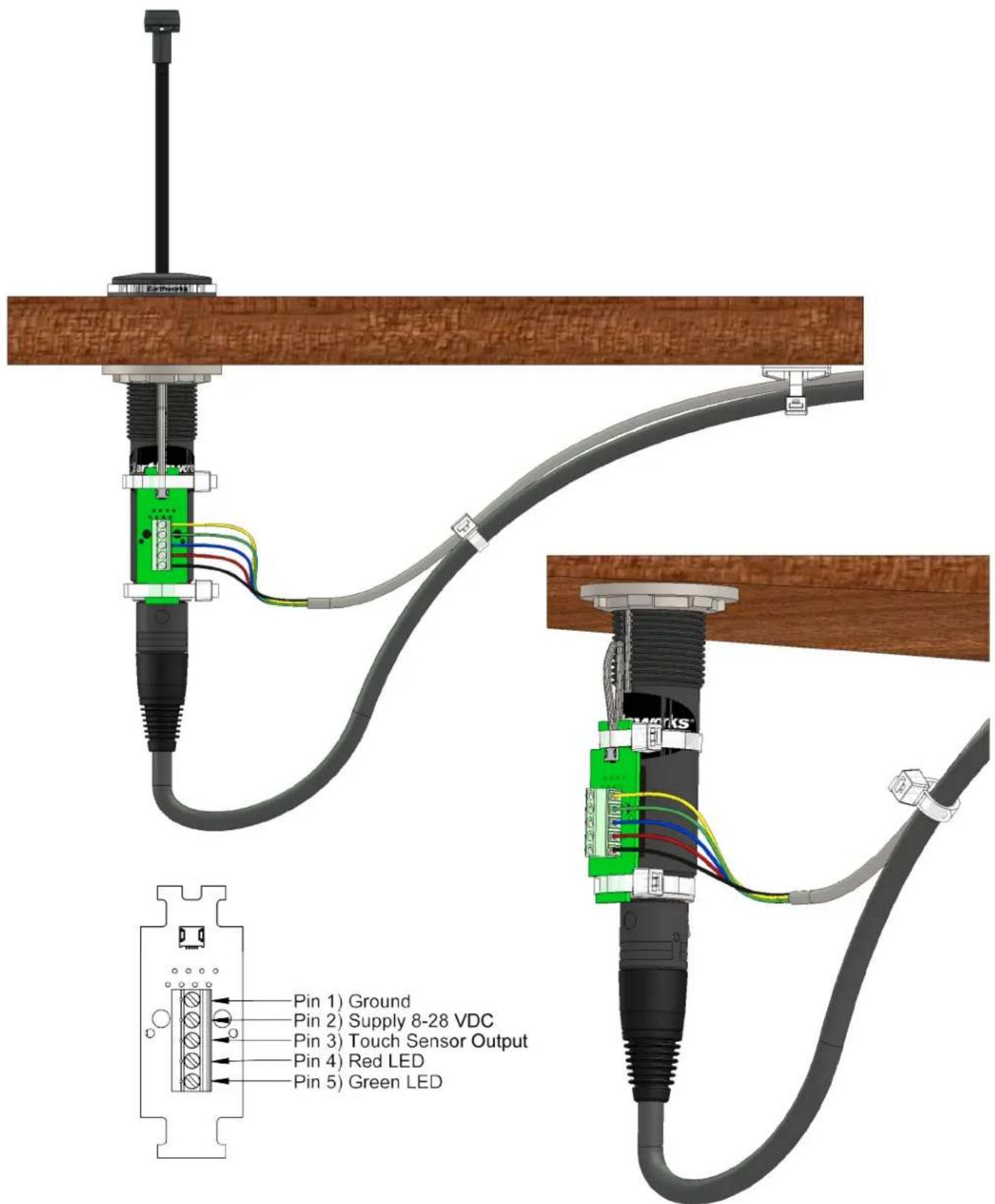 Pin 1) Ground Pin 2) Supply 8-28 VDC Pin 3) Touch Sensor Output Pin 4) Red LED Pin 5) Green LED