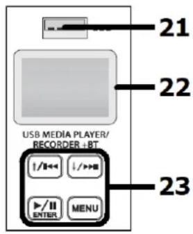 21 22 USB MEDIA PLAYER/ RECORDER +BT 23 +/I<< /I>># ▶/II ENTER MENU