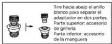 Tire hacia abajo el anillo blanco para separar el adaptador en dos partes. Parte superior: accesorio de griferia Parte inferior: accesorio de la manguera