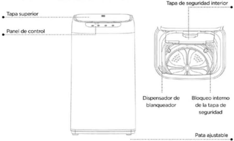 Tapa superior Panel de control Tapa de seguridad interior Dispensador de blanqueador Bloqueo interno de la tapa de seguridad Pata ajustable