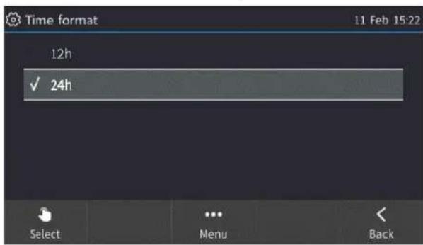 Time format 12h ✓ 24h Select Menu Back 11 Feb 15:22