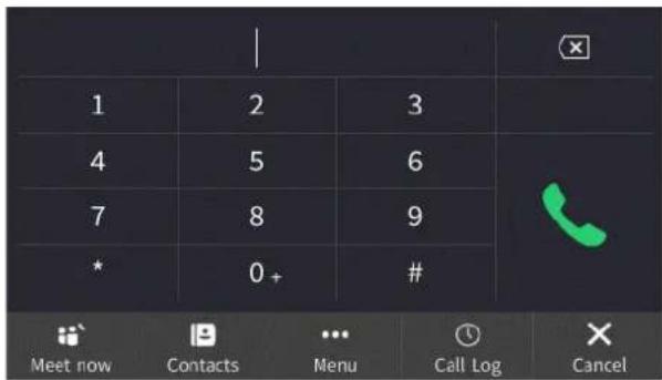 1 2 3 4 5 6 7 8 9 * 0+ # Meet now Contacts Menu Call Log Cancel