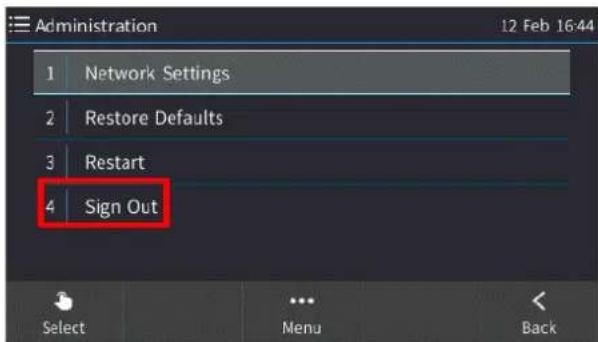 Administration 12 Feb 16:44 Network Settings Restore Defaults Restart Sign Out Select Menu Back