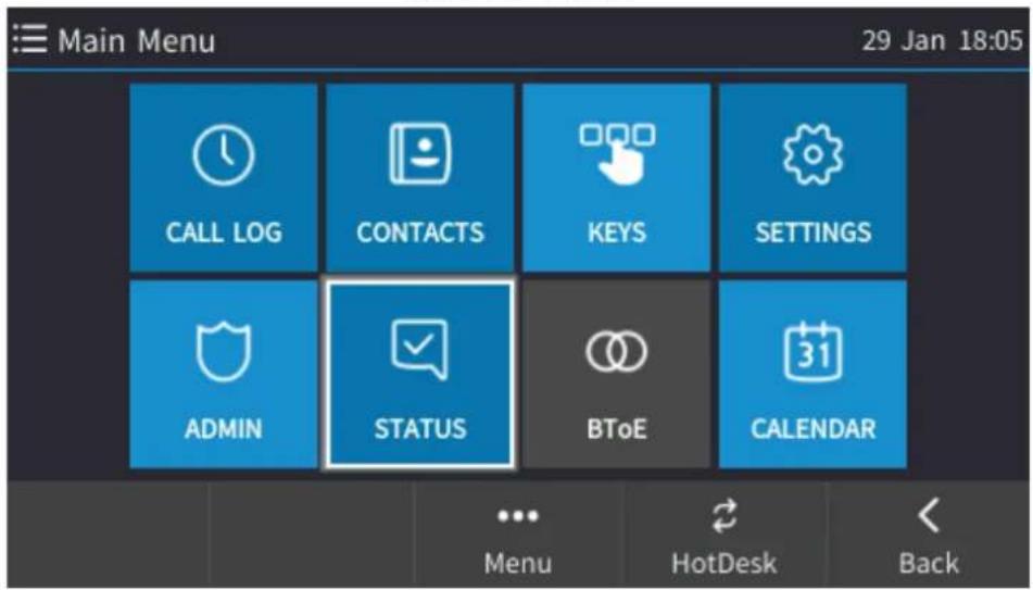 Main Menu 29 Jan 18:05 CALL LOG CONTACTS KEYS SETTINGS ADMIN STATUS BToE CALENDAR ... Menu HotDesk Back