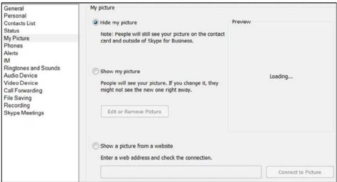 General Personal Contacts List Status My Picture Phones Alerts IM Ringtones and Sounds Audio Device Video Device Call Forwarding File Saving Recording Skype Meetings My picture Hide my picture Note: People will still see your picture on the contact card and outside of Skype for Business. Show my picture People will see your picture. If you change it, they might not see the new one right away. Edit or Remove Picture Show a picture from a website Enter a web address and check the connection. Preview Loading... Connect to Picture