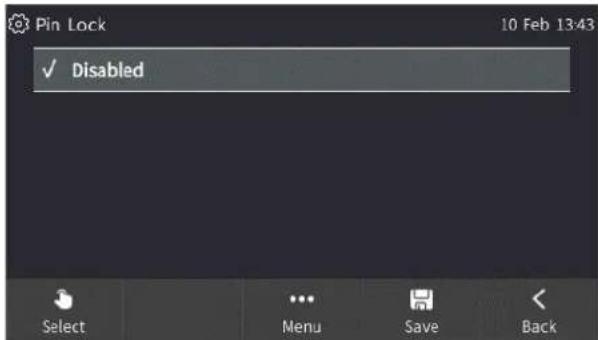 Pin Lock 10 Feb 13:43 ✓ Disabled Select Menu Save Back