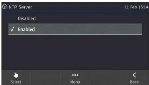 NTP Server 11 Feb 15:14 Disabled ✓ Enabled Select Menu Back