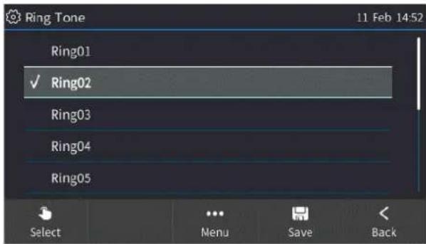 Ring Tone 11 Feb 14:52 Ring01 ✓ Ring02 Ring03 Ring04 Ring05 Select Menu Save Back