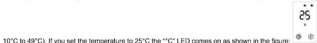 10°C to 49°C). If you set the temperature to 25°C the "°C" LED comes on as shown in the figure: