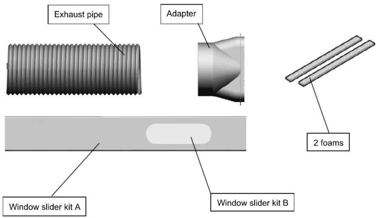 Exhaust pipe Adapter 2 foams Window slider kit A Window slider kit B