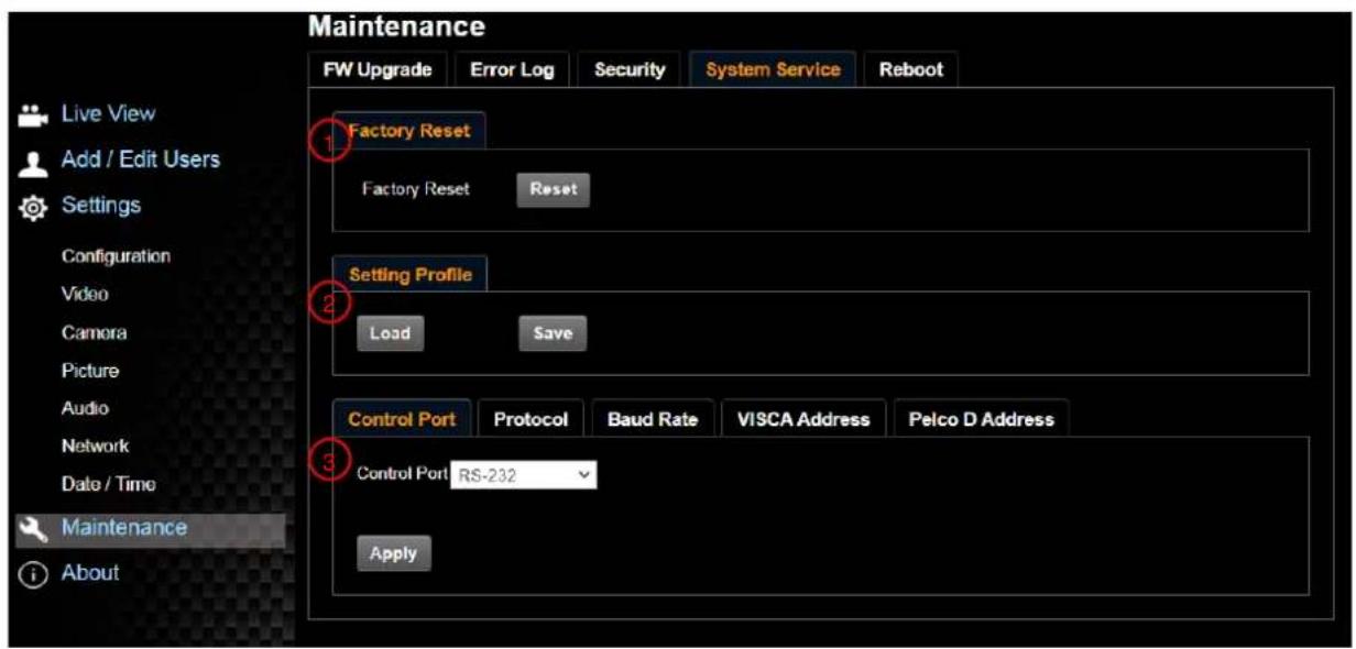 Maintenance FW Upgrade Error Log Security System Service Reboot Live View Add / Edit Users Settings Configuration Video Camera Picture Audio Network Date / Time Maintenance About 1 Factory Reset Factory Reset Reset 2 Setting Profile Load Save 3 Control Port Protocol Baud Rate VISCA Address Pelco D Address Control Port RS-232 Apply