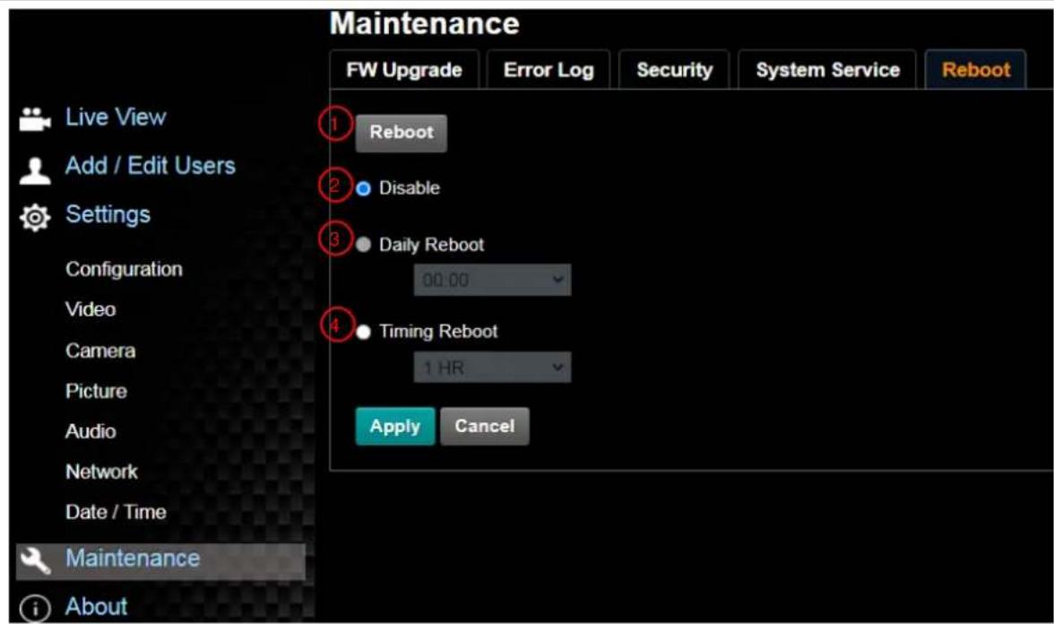 Maintenance FW Upgrade Error Log Security System Service Reboot Live View Add / Edit Users Settings Configuration Video Camera Picture Audio Network Date / Time Maintenance About 1 Reboot 2 Disable 3 Daily Reboot 00:00 4 Timing Reboot 1 HR Apply Cancel
