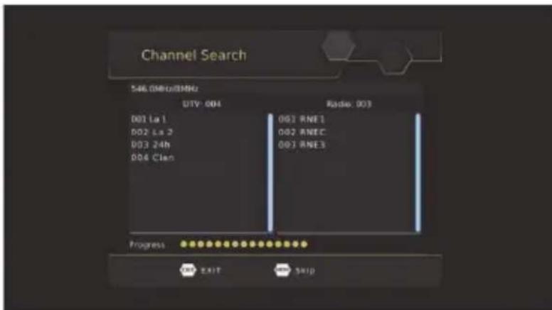 Channel Search 546.080/0800 UTY: 004 Radio: 003 001 La 1 002 La 2 003 24h 004 Clan 001 RNE1 002 RNEC 001 RNE3 Progress EXIT Skip