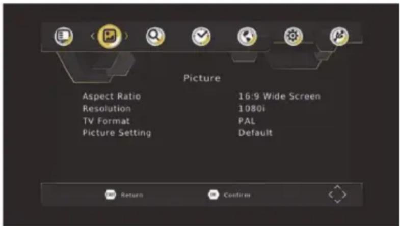 Picture Aspect Ratio Resolution TV Format Picture Setting 16:9 Wide Screen 1080i PAL Default Return Confirm