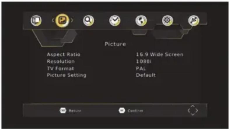 Picture Aspect Ratio Resolution TV Format Picture Setting 16:9 Wide Screen 1080i PAL Default Return Confirm