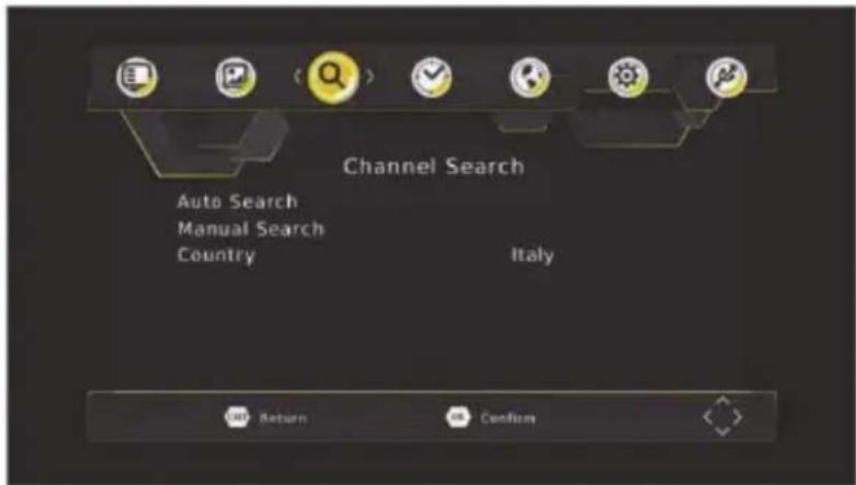 Channel Search Auto Search Manual Search Country Italy Return Confirm
