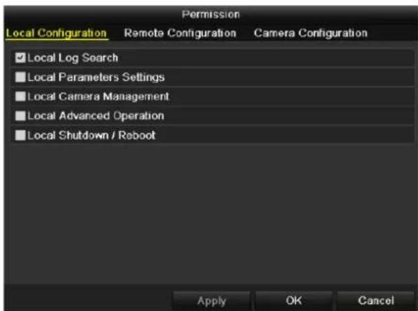 Permission Local Configuration Remote Configuration Camera Configuration ✓ Local Log Search ■ Local Parameters Settings ■ Local Camera Management ■ Local Advanced Operation ■ Local Shutdown / Reboot Apply OK Cancel