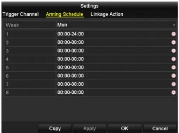 Settings Trigger Channel Arming Schedule Linkage Action Week Mon 1 00:00-24:00 2 00:00-00:00 3 00:00-00:00 4 00:00-00:00 5 00:00-00:00 6 00:00-00:00 7 00:00-00:00 8 00:00-00:00 Copy Apply OK Cancel