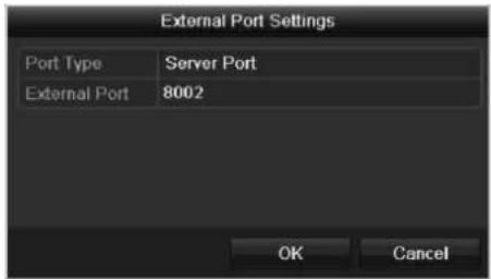External Port Settings Port Type Server Port External Port 8002 OK Cancel