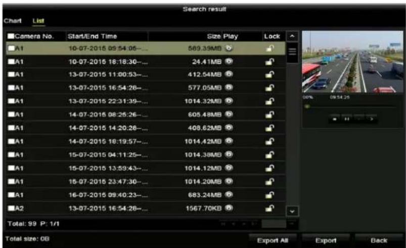Search result Chart List Camera No. Start/End Time Size Play Lock A1 10-07-2015 09:54:06.... 569.39MB A1 10-07-2015 18:18:30.... 24.41MB A1 13-07-2015 11:00:53.... 412.54MB A1 13-07-2015 16:54:28.... 577.05MB A1 13-07-2015 22:31:39.... 1014.32MB A1 14-07-2015 08:26:26.... 605.48MB A1 14-07-2015 14:20:26.... 408.62MB A1 14-07-2015 18:19:57.... 1014.42MB A1 15-07-2015 04:11:25.... 1014.38MB A1 15-07-2015 13:59:43.... 1014.12MB A1 15-07-2015 23:47:30.... 1014.20MB A1 16-07-2015 09:40:23.... 683.24MB A2 13-07-2015 16:54:28.... 1567.70KB Total: 99 P: 1/1 Total size: 0B Export All Export Back