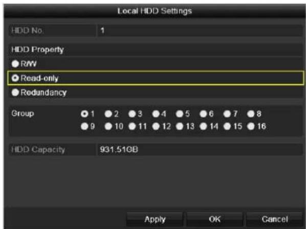 Local HDD Settings HDD No: 1 HDD Property ● R/W ● Read-only ● Redundancy Group ● 1 ● 2 ● 3 ● 4 ● 5 ● 6 ● 7 ● 8 ● 9 ● 10 ● 11 ● 12 ● 13 ● 14 ● 15 ● 16 HDD Capacity 931.51GB Apply OK Cancel