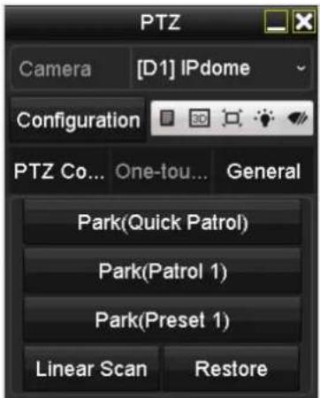 PTZ Camera [D1] IPdome Configuration PTZ Co... One-tou... General Park(Quick Patrol) Park(Patrol 1) Park(Preset 1) Linear Scan Restore