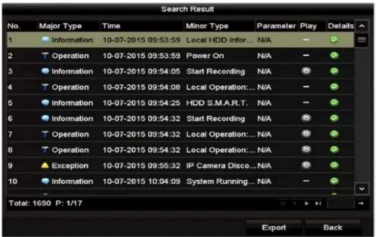Search Result No. Major Type Time Minor Type Parameter Play Details 1 Information 10-07-2015 09:53:59 Local HDD Infor... N/A 2 Operation 10-07-2015 09:53:59 Power On N/A 3 Information 10-07-2015 09:54:05 Start Recording N/A 4 Operation 10-07-2015 09:54:08 Local Operation:... N/A 5 Information 10-07-2015 09:54:25 HDD S.M.A.R.T. N/A 6 Information 10-07-2015 09:54:32 Start Recording N/A 7 Operation 10-07-2015 09:54:32 Local Operation:... N/A 8 Operation 10-07-2015 09:54:32 Local Operation:... N/A 9 Exception 10-07-2015 09:55:32 IP Camera Disco...N/A 10 Information 10-07-2015 10:04:09 System Running... N/A Total: 1690 P: 1/17 Export Back