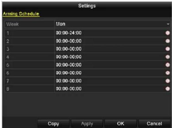 Settings Arming Schedule Week Mon 1 00:00-24:00 2 00:00-00:00 3 00:00-00:00 4 00:00-00:00 5 00:00-00:00 6 00:00-00:00 7 00:00-00:00 8 00:00-00:00 Copy Apply OK Cancel