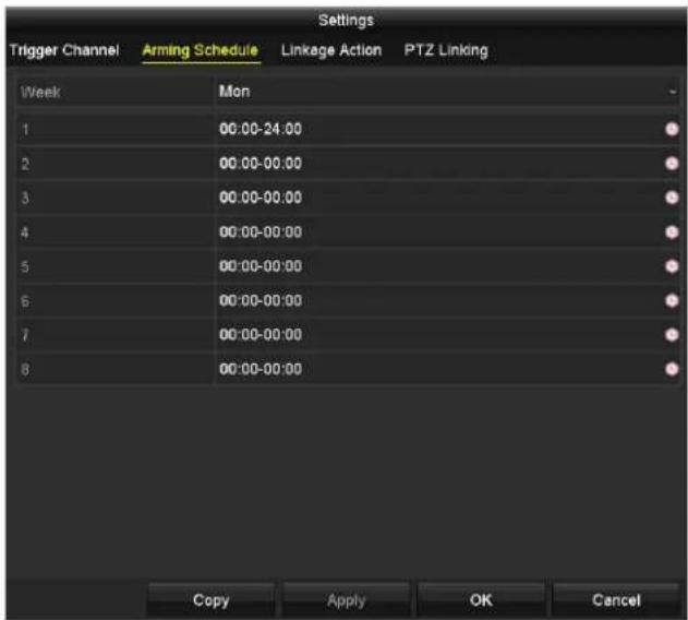 Settings Trigger Channel Arming Schedule Linkage Action PTZ Linking Week Mon 1 00:00-24:00 2 00:00-00:00 3 00:00-00:00 4 00:00-00:00 5 00:00-00:00 6 00:00-00:00 7 00:00-00:00 8 00:00-00:00 Copy Apply OK Cancel